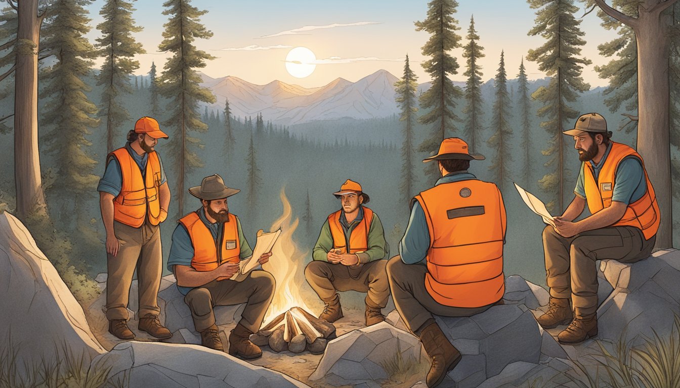 A group of hunters in bright orange vests gather around a campfire, while a knowledgeable instructor points to a map of the surrounding wilderness