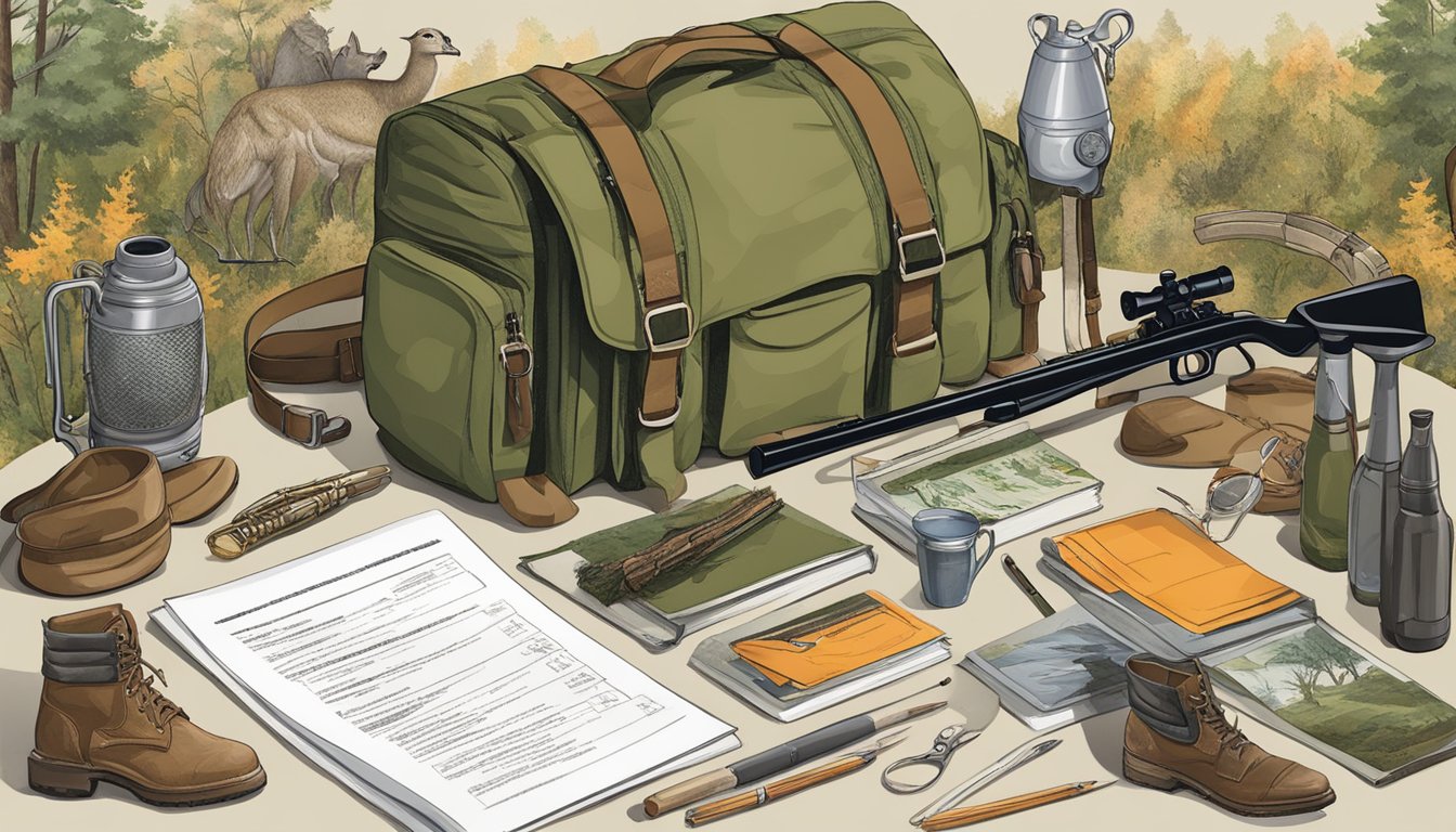 A hunter education review worksheet surrounded by hunting gear and wildlife illustrations