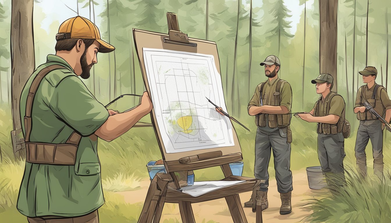 A hunter education instructor teaches a class using visual aids and review worksheets