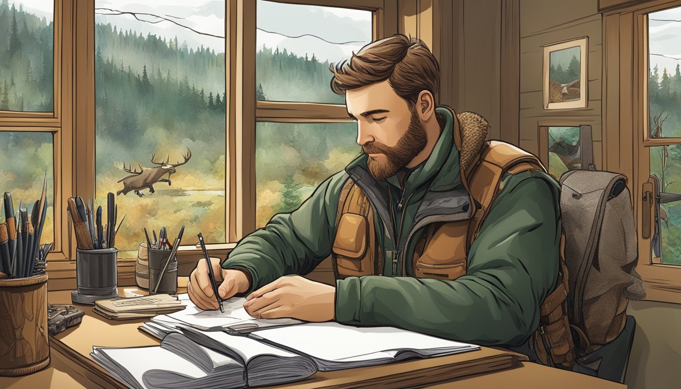 A hunter sits at a desk, surrounded by hunting gear and wildlife illustrations, completing a review worksheet. Outdoor scenes are visible through the window