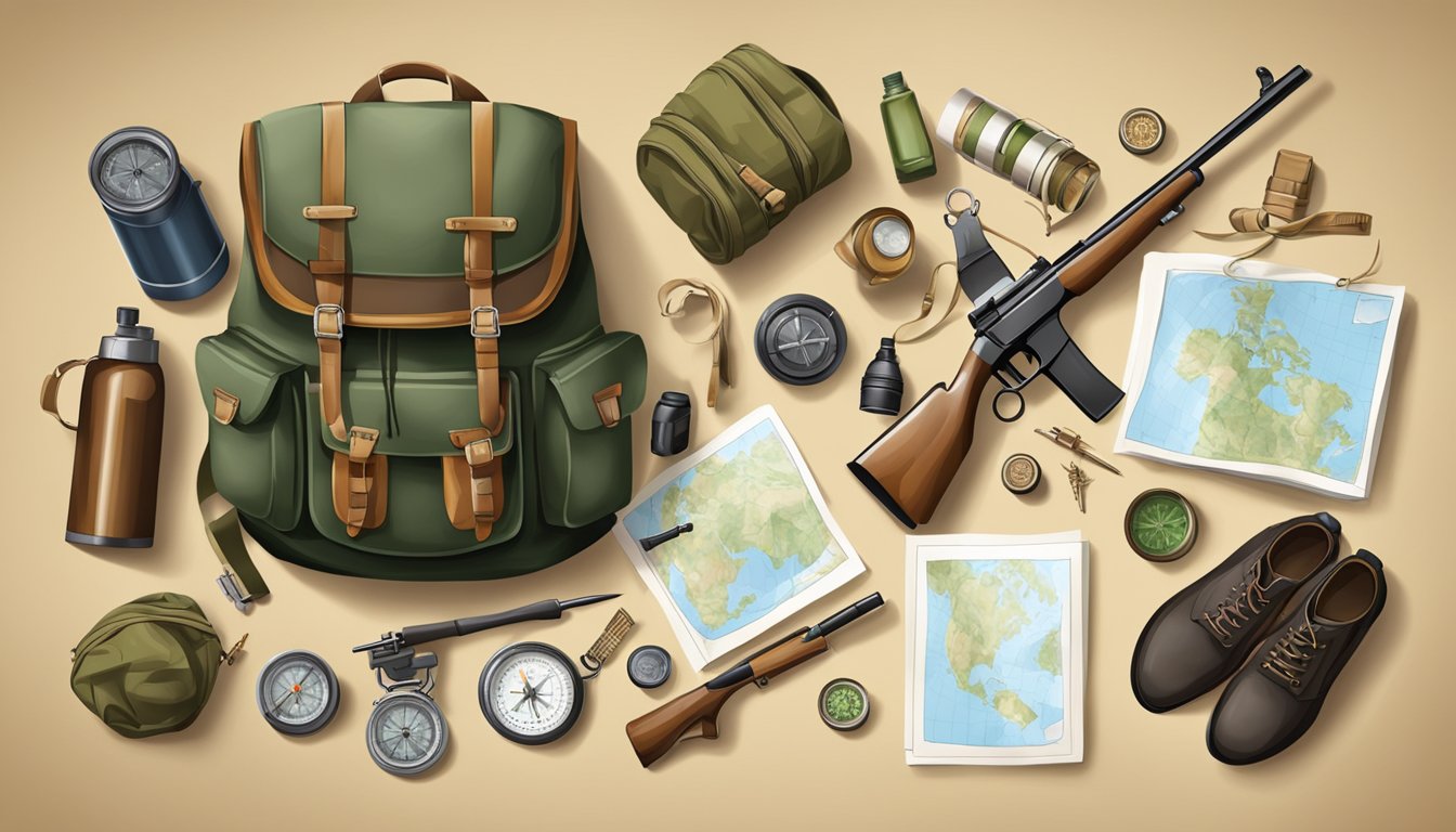 A hunter's backpack with survival gear, compass, map, and hunting rifle laid out on a wooden table