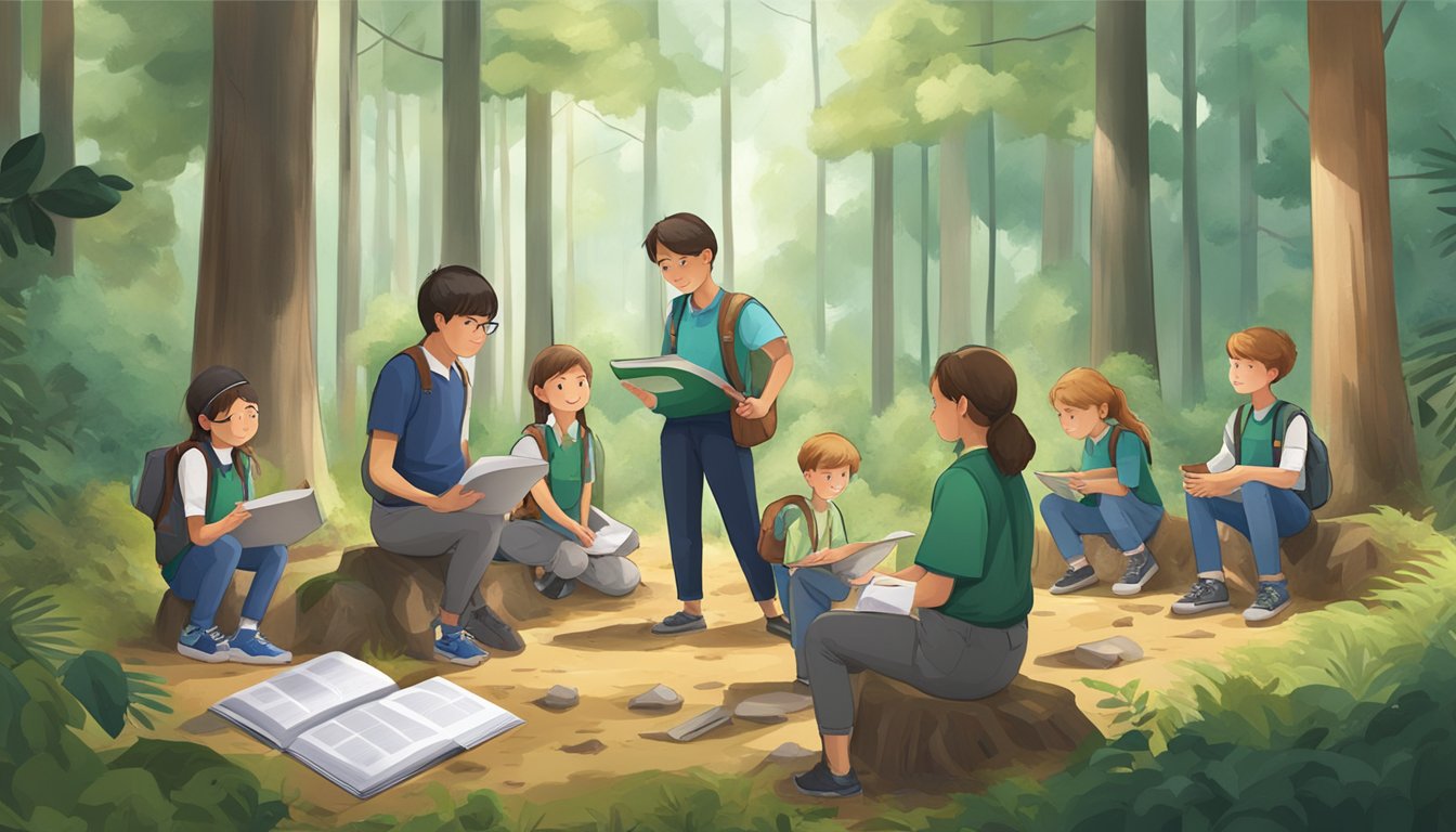 A forest clearing with a group of students and an instructor, surrounded by trees, with educational materials and safety equipment displayed