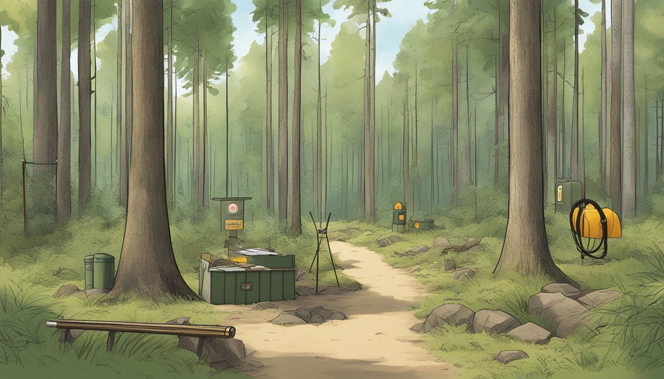 A forest clearing with a hunter's safety course set up, including targets, and educational materials scattered around