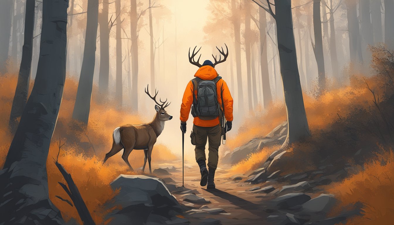 A hunter walking through the woods, carrying a rifle and wearing bright orange clothing. A deer stands in the distance