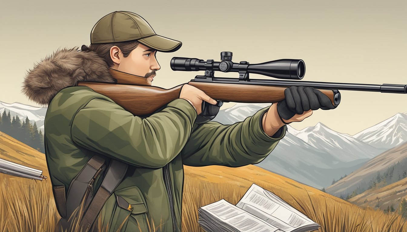 A hunter aiming at a target with proper stance and firearm handling, surrounded by educational materials on ethical hunting practices