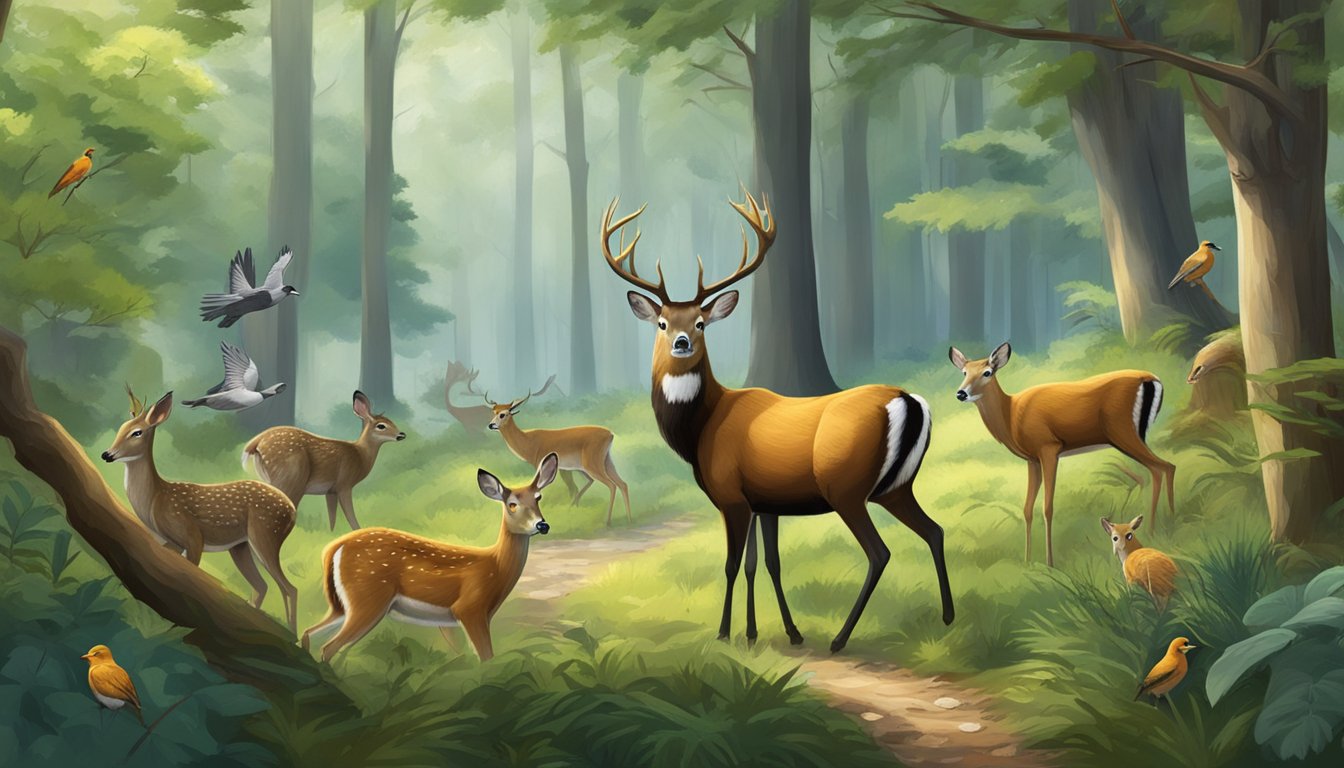 A forest clearing with various wildlife species in their natural habitat, including birds, deer, and small mammals