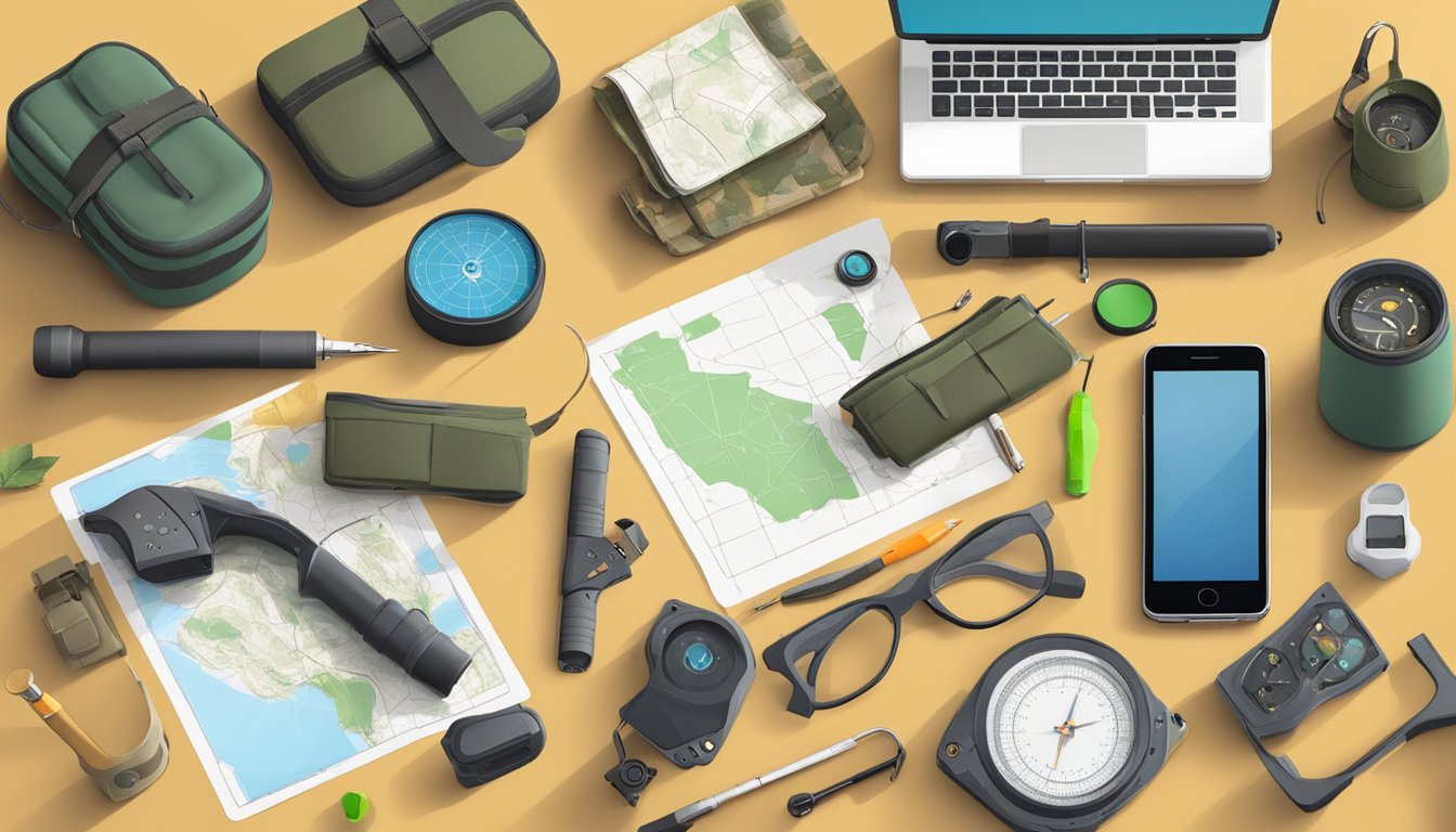 A hunter's safety course with various technological tools displayed on a table: GPS devices, compasses, binoculars, and hunting apps on a smartphone