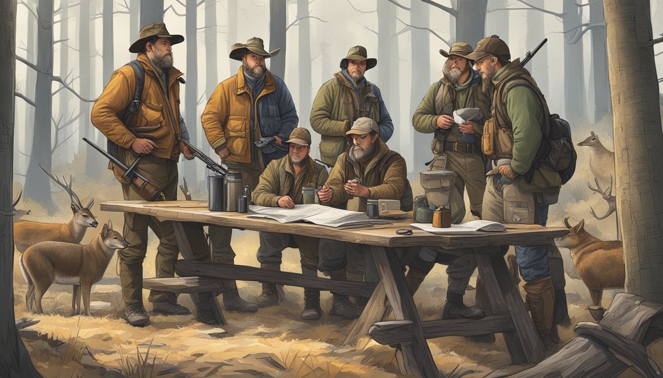 A group of hunters gather around a table, studying maps and discussing hunting regulations. A display of hunting gear and safety equipment is visible in the background