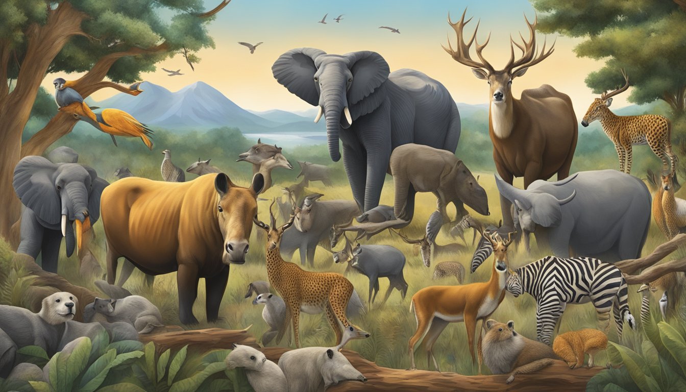 A group of diverse wildlife species gather around a central display of hunter education materials, symbolizing the reciprocity of knowledge and skills among different animal populations