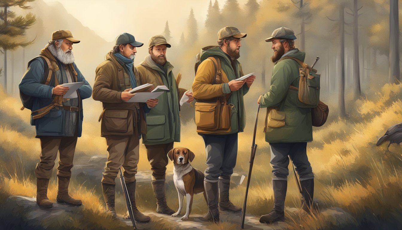 A group of hunters from different backgrounds exchanging educational materials and discussing hunting regulations