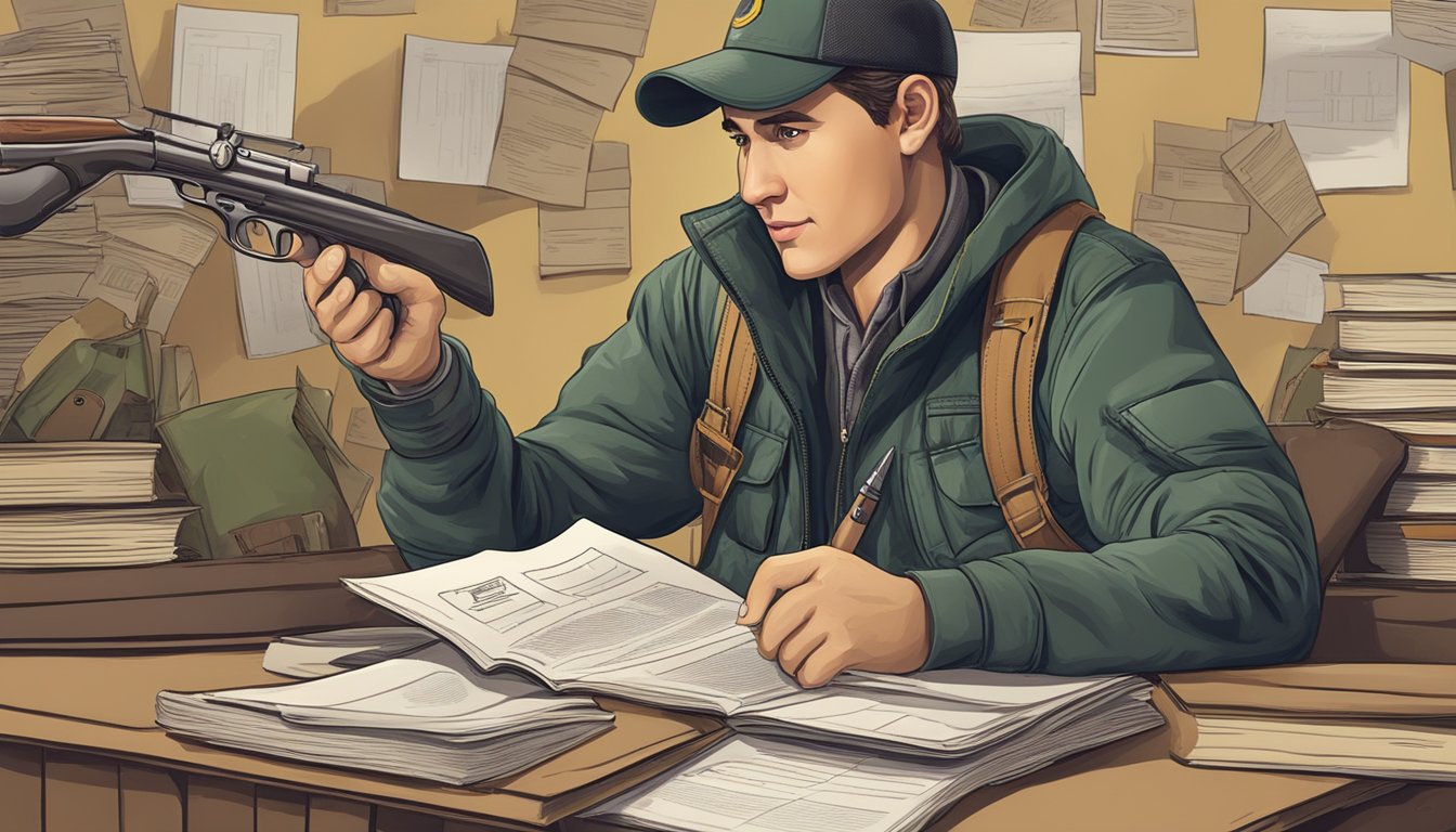 A hunter holding a license surrounded by regulations and educational materials