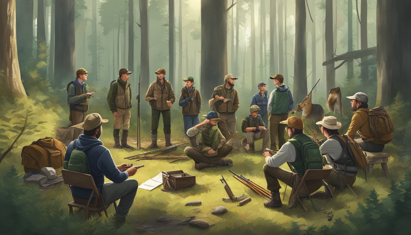 A hunter education instructor teaching a class in a forest clearing, surrounded by wildlife and hunting gear