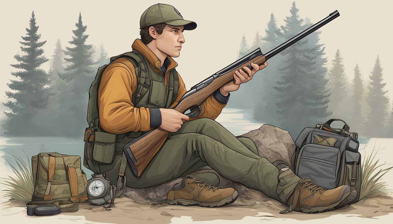 A hunter kneeling beside a shotgun, surrounded by a map, compass, and survival gear