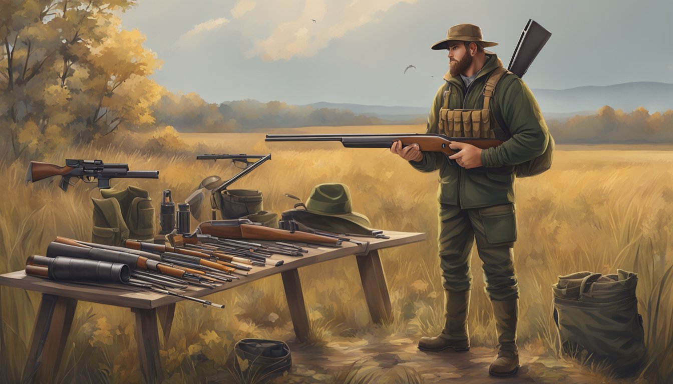 A hunter holds a shotgun while standing in a field. Various types of ammunition and safety gear are laid out on a table nearby