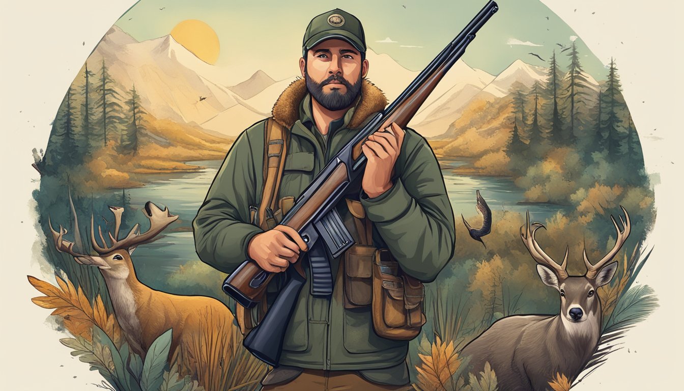 A hunter holding a shotgun, surrounded by wildlife