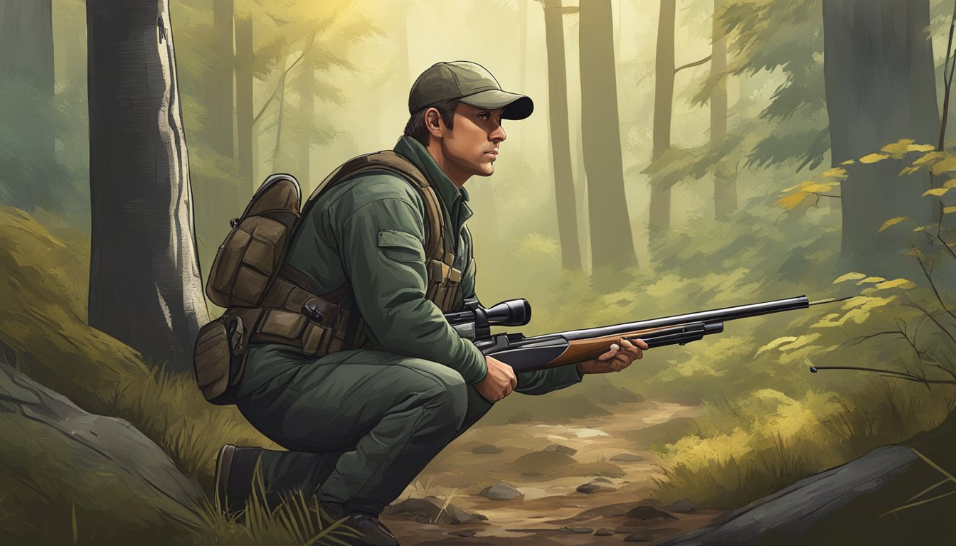 A hunter kneeling in a wooded area, holding a shotgun and scanning the surroundings for potential targets