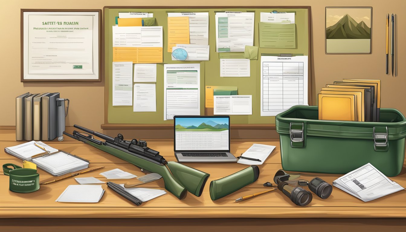 A hunter's safety education registration table with equipment and forms