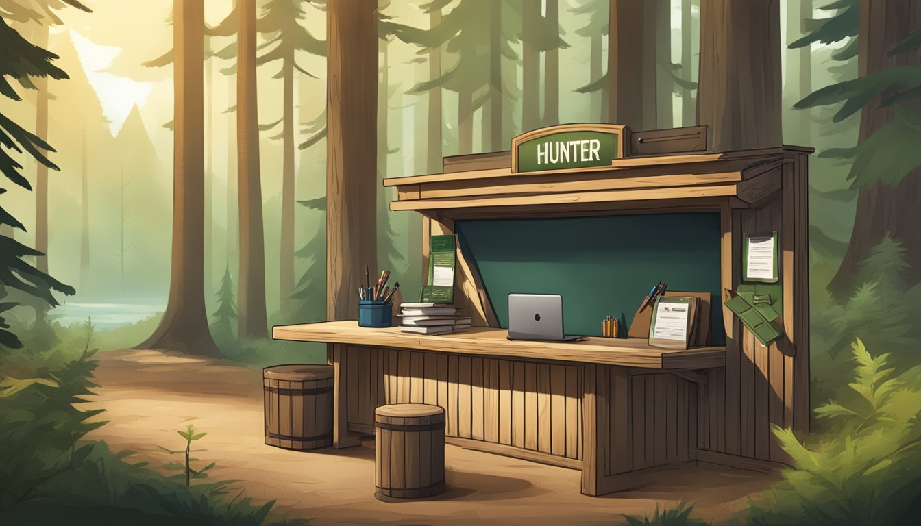 A hunter education registration desk with certification materials and a forest backdrop