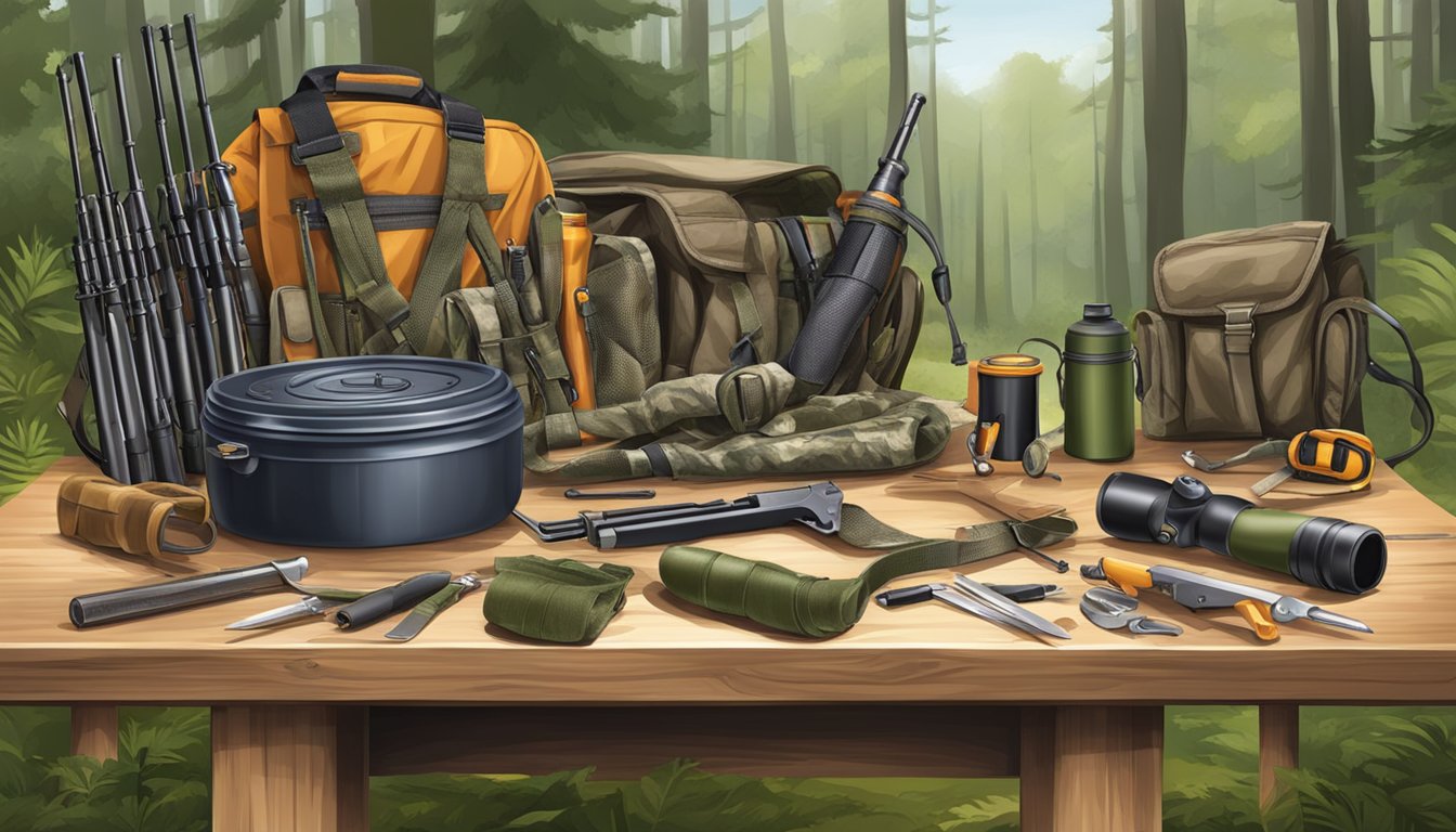 A table set with various hunting gear and safety equipment for a skills session