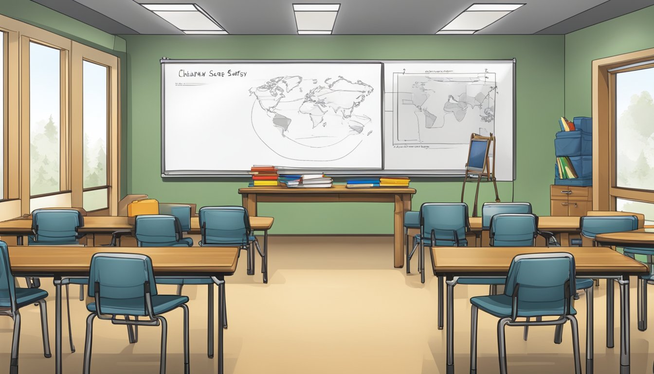 A classroom setting with a whiteboard, chairs, and a table filled with educational materials on hunting safety and skills