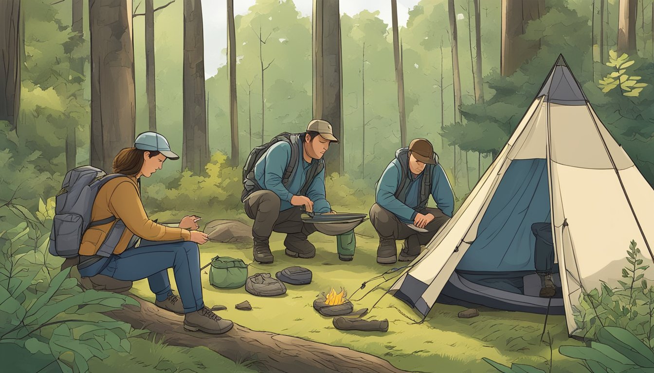 A group of individuals practice outdoor survival skills in a wooded area, including setting up a campsite and identifying local flora and fauna