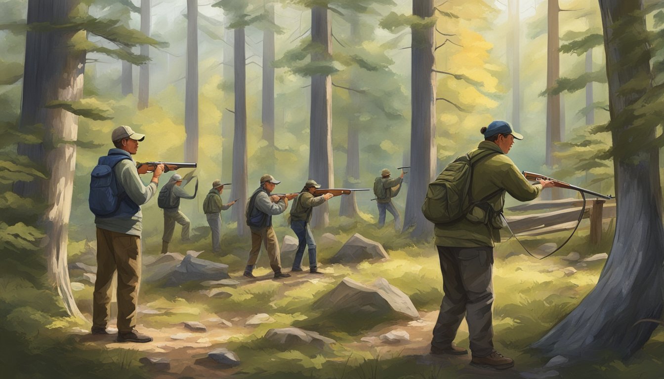 A group of hunters practice outdoor skills at a forested education center