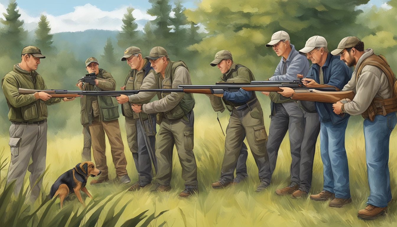 A group of individuals participating in a hunter education skills session, demonstrating knowledge and proficiency in various outdoor and firearm safety techniques