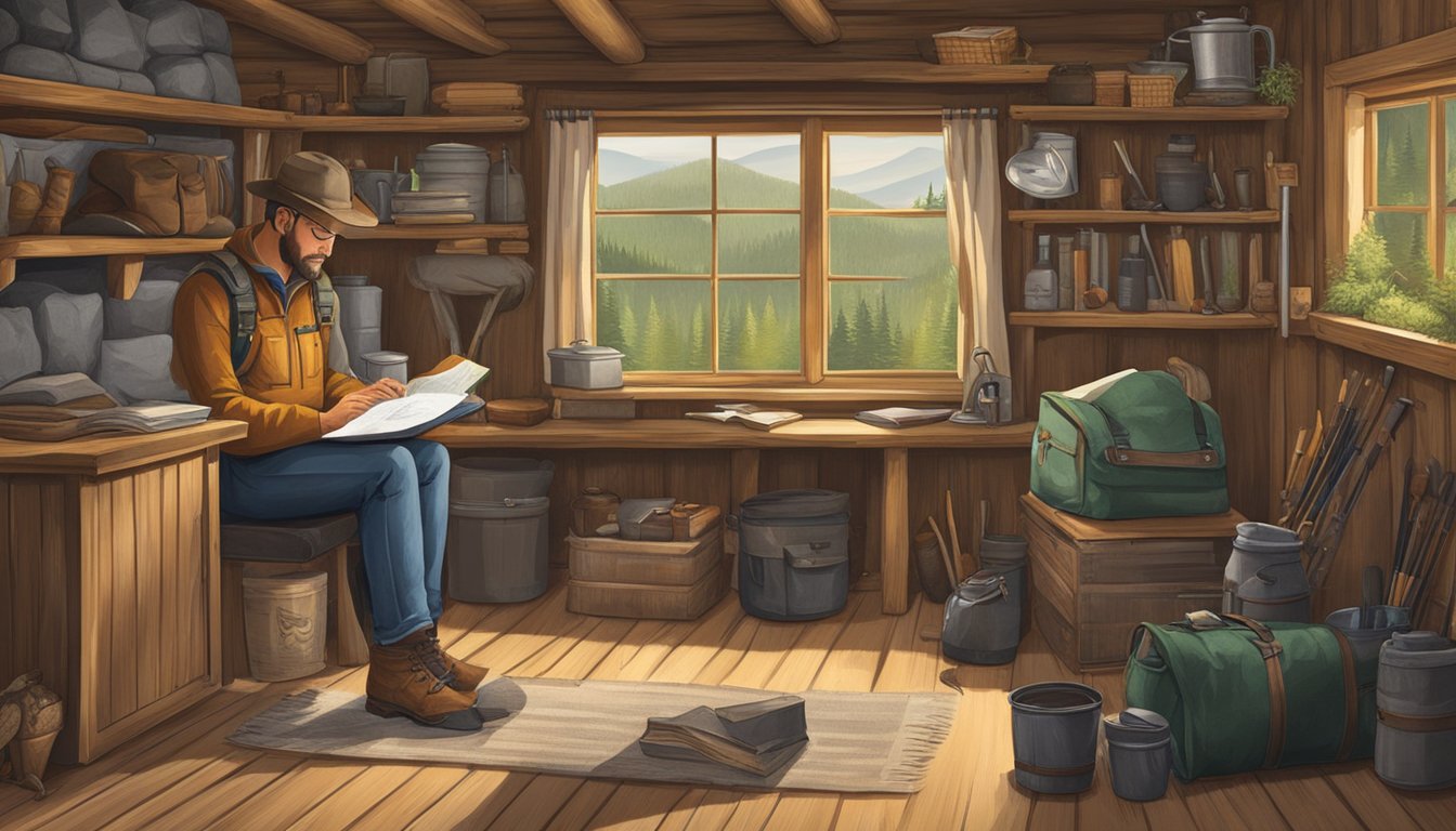 A hunter reading a study guide and workbook in a quiet, rustic cabin surrounded by hunting gear and nature-themed decor