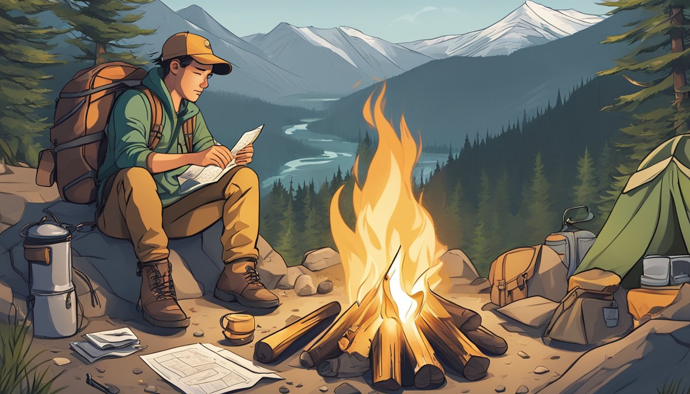 A person sitting by a campfire, surrounded by wilderness. A backpack, map, compass, and survival gear are scattered around