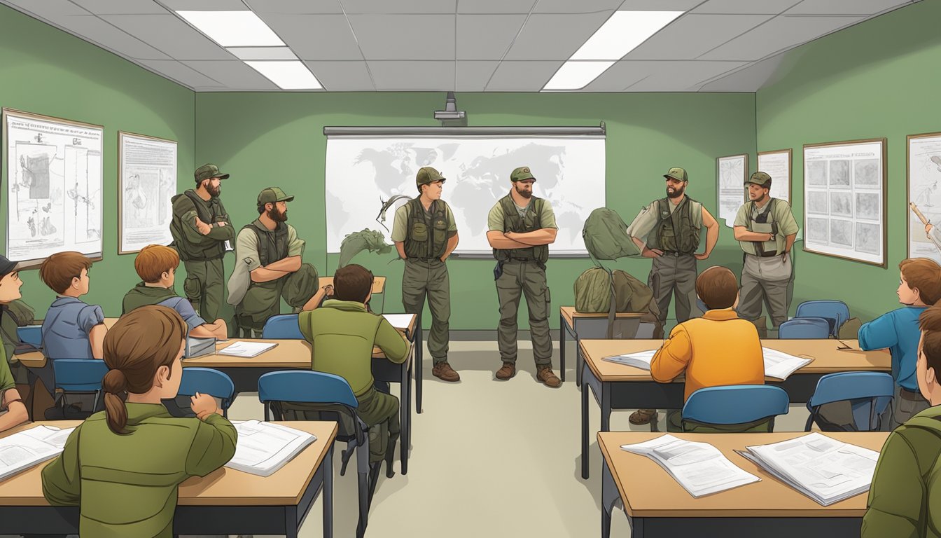 A group of hunters gather around an instructor in a classroom, learning about safety and regulations. Posters and visual aids line the walls