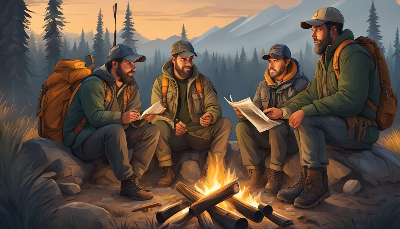 A diverse group of hunters gather around a campfire, sharing stories and knowledge while surrounded by modern hunting gear and educational materials