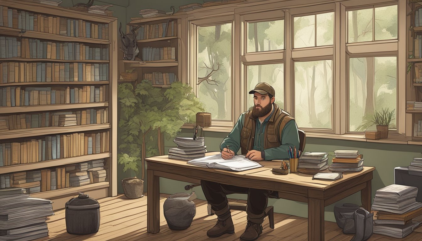 A hunter sitting at a desk, surrounded by nature books and study materials. A map of hunting grounds hangs on the wall