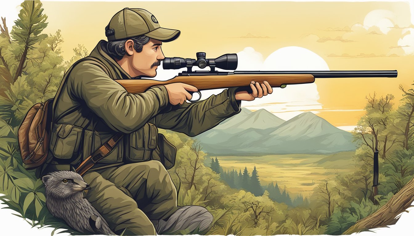 A hunter holding a rifle and a pair of binoculars, surrounded by wildlife and nature