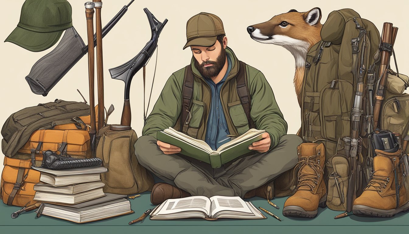 A hunter studying a guidebook surrounded by hunting gear and wildlife illustrations