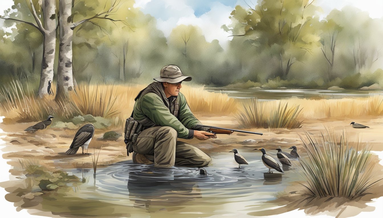 A hunter setting up a camouflage blind and decoys in a wooded area near a watering hole