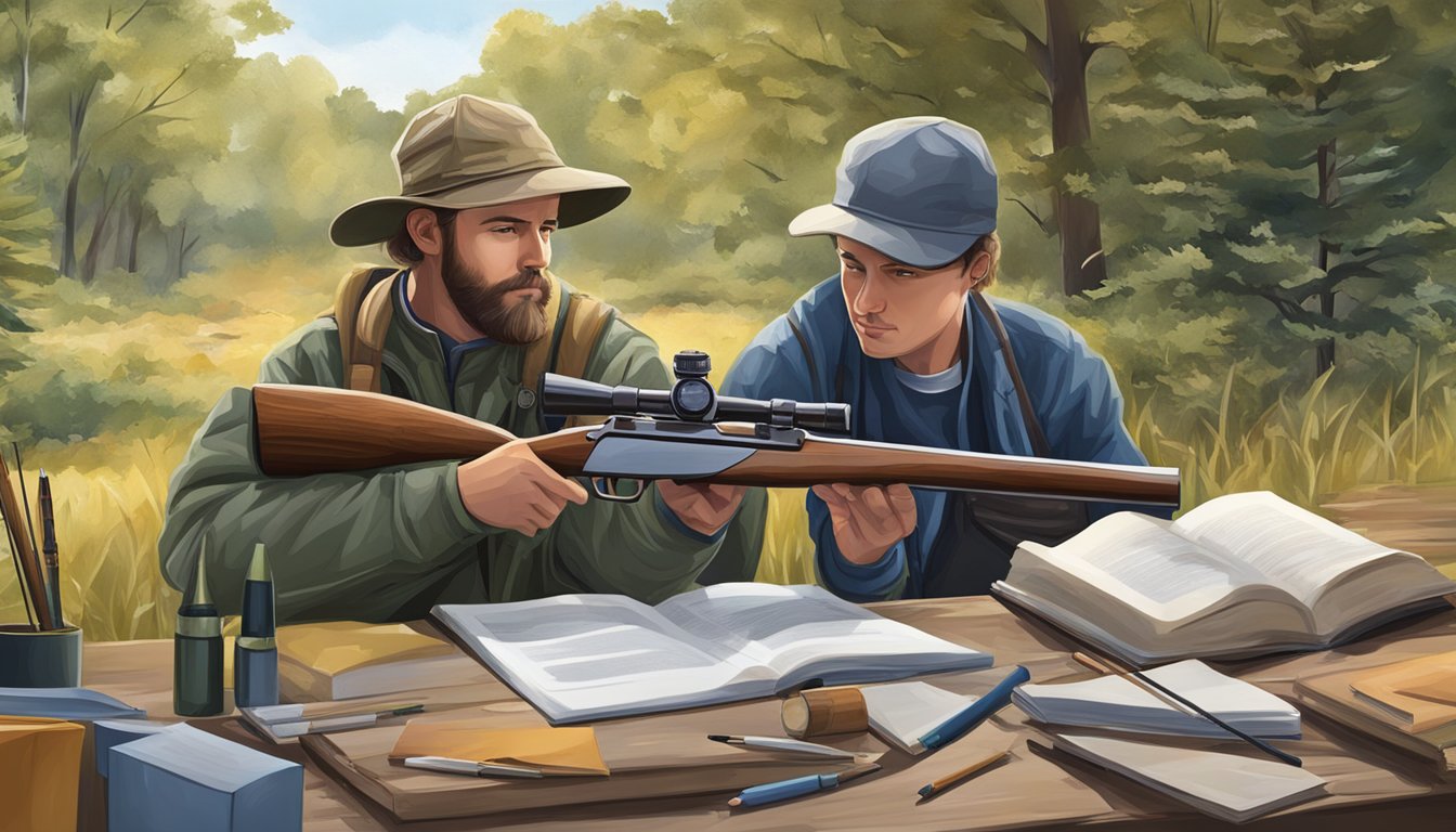 A person studying outdoors with a hunting rifle and educational materials