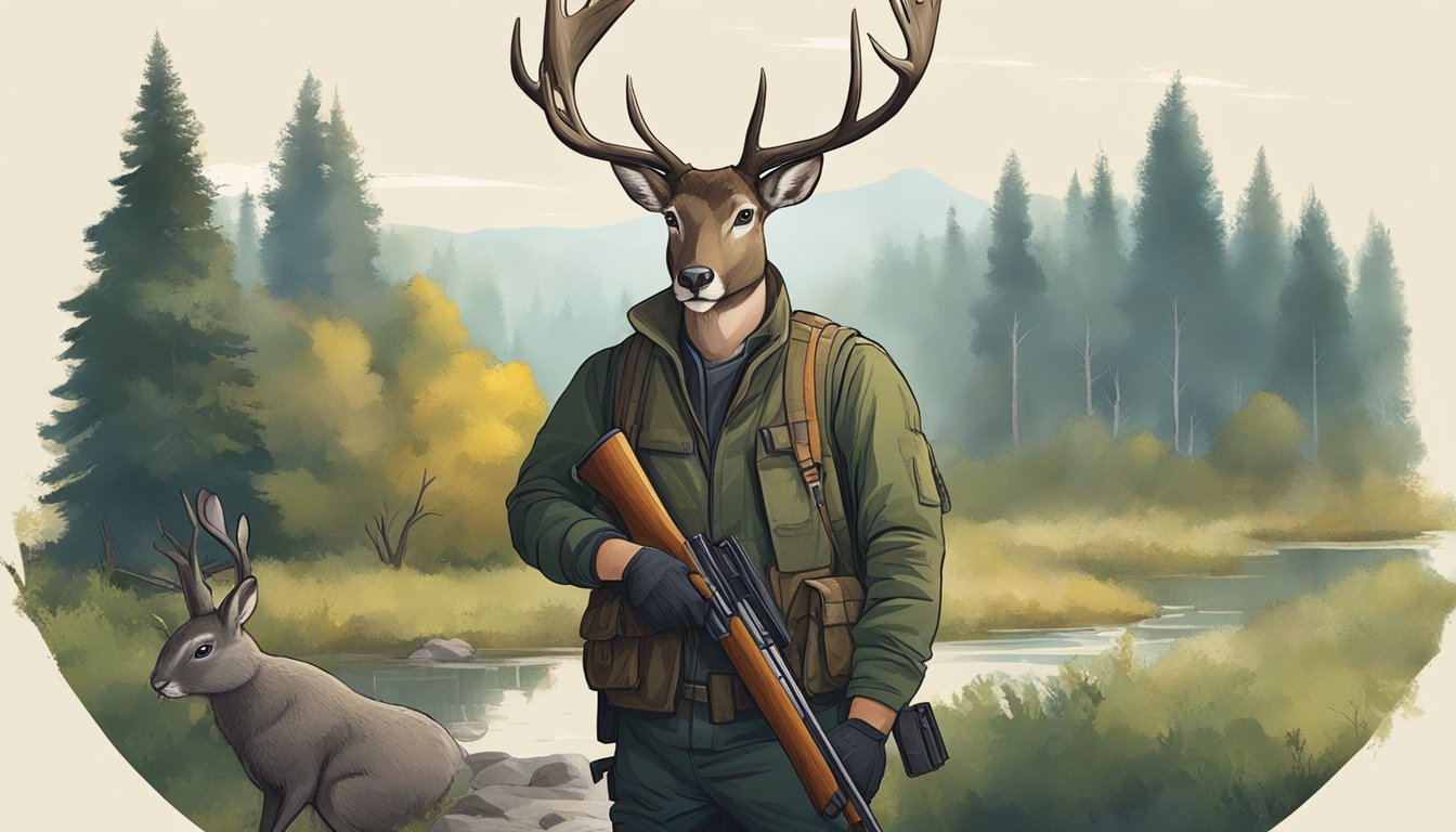 A hunter stands proudly with a rifle, surrounded by a forest landscape. A deer and a rabbit are visible in the background