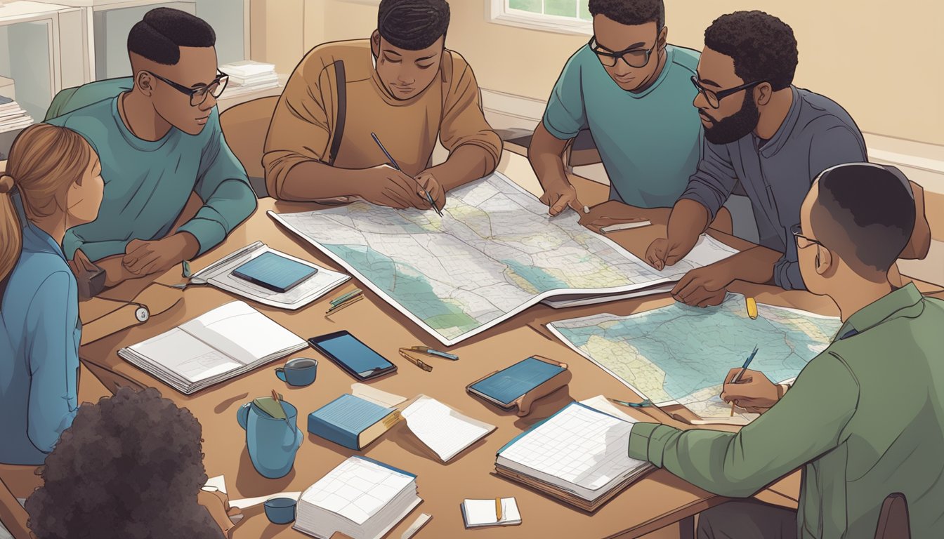 A group of diverse individuals gather around a table, discussing and reviewing materials related to hunter education. Maps, books, and electronic devices are scattered across the table