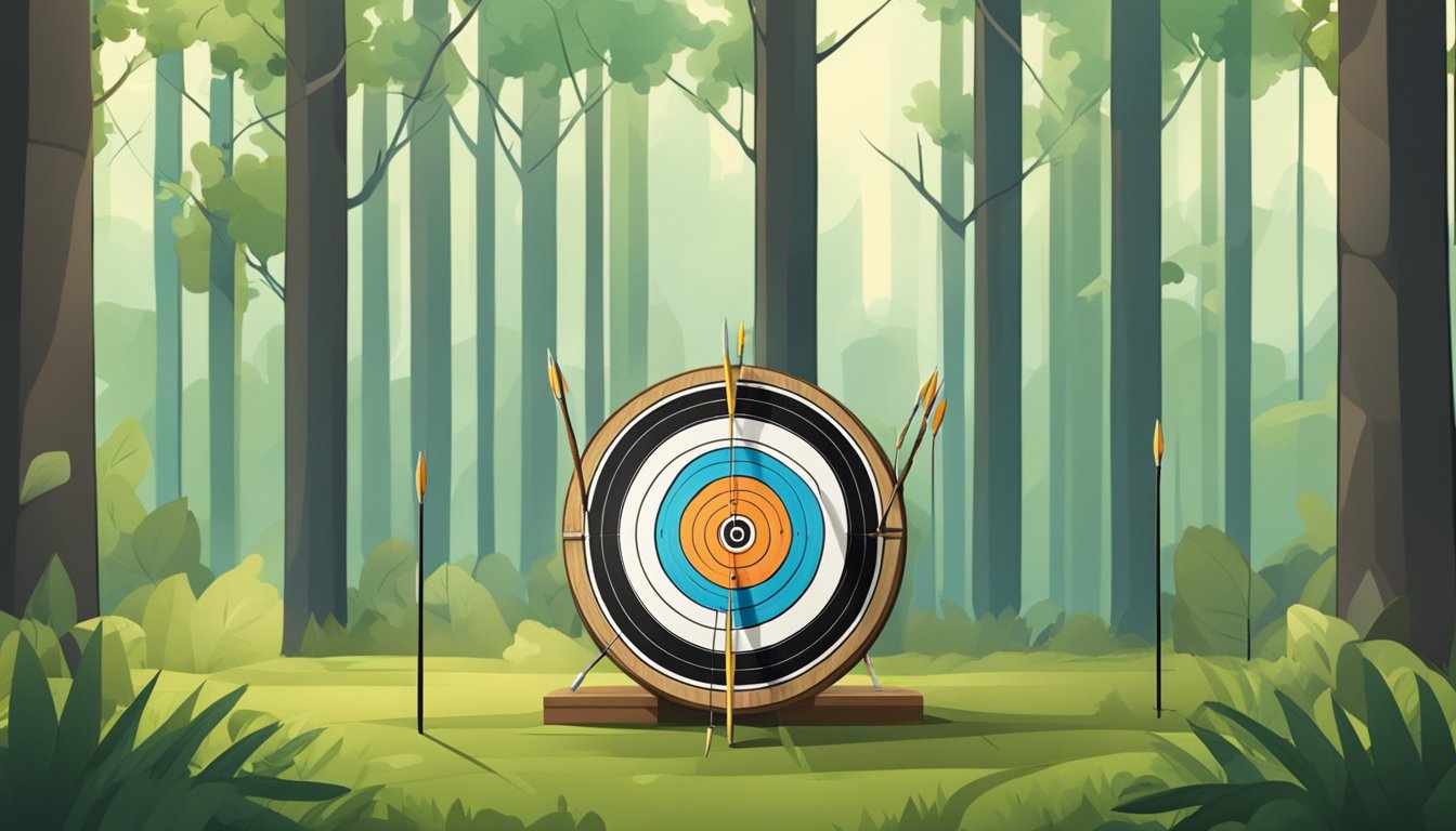 An archery target with arrows in the bullseye, surrounded by a forest clearing with a bow and quiver lying nearby