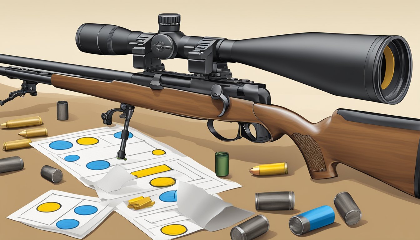 A hunter's target practice setup with a rifle, ammunition, and a paper target with bullet holes