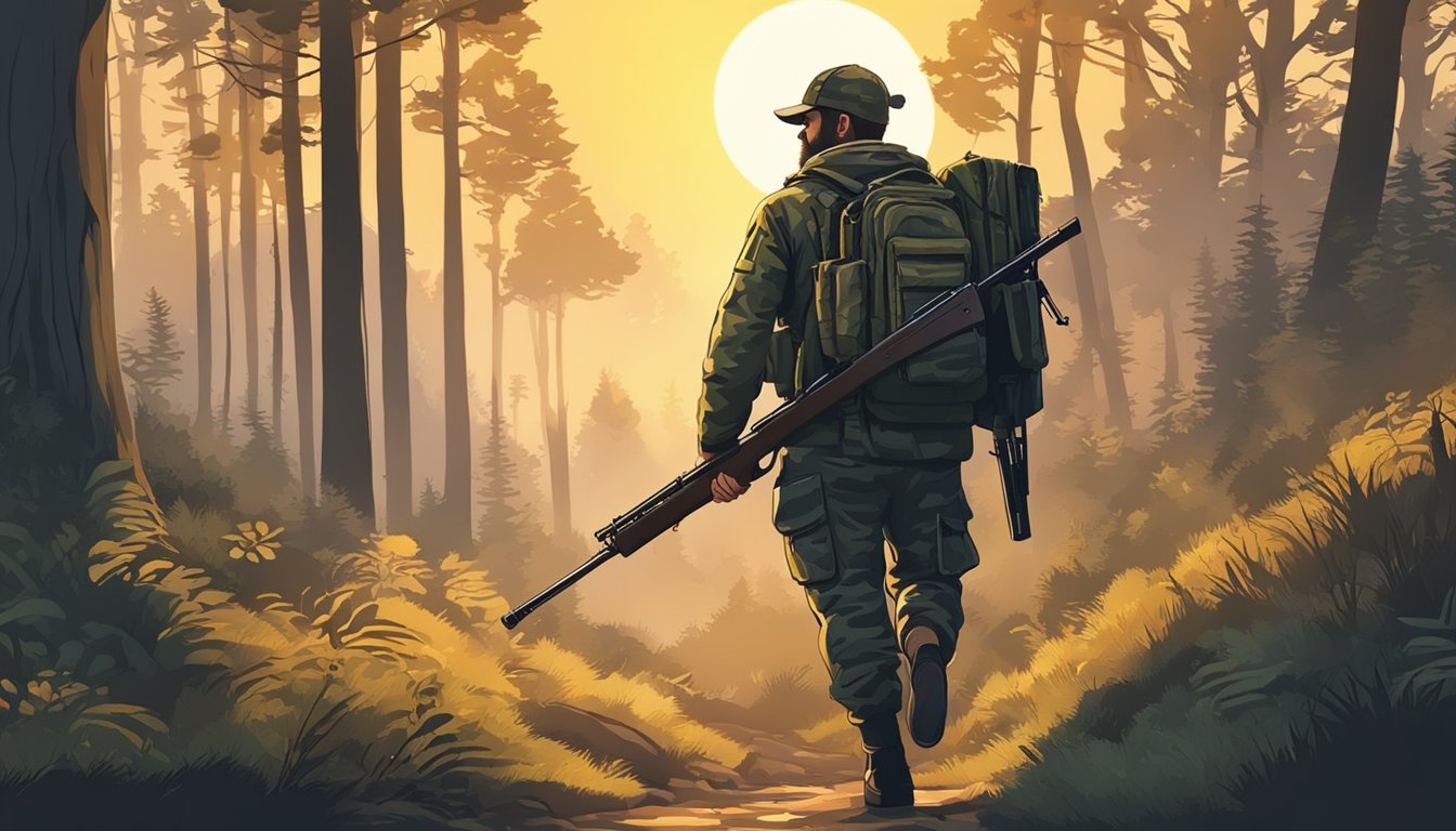 A hunter walking through a dense forest, carrying a rifle and wearing camouflage clothing. The sun is setting, casting long shadows on the ground