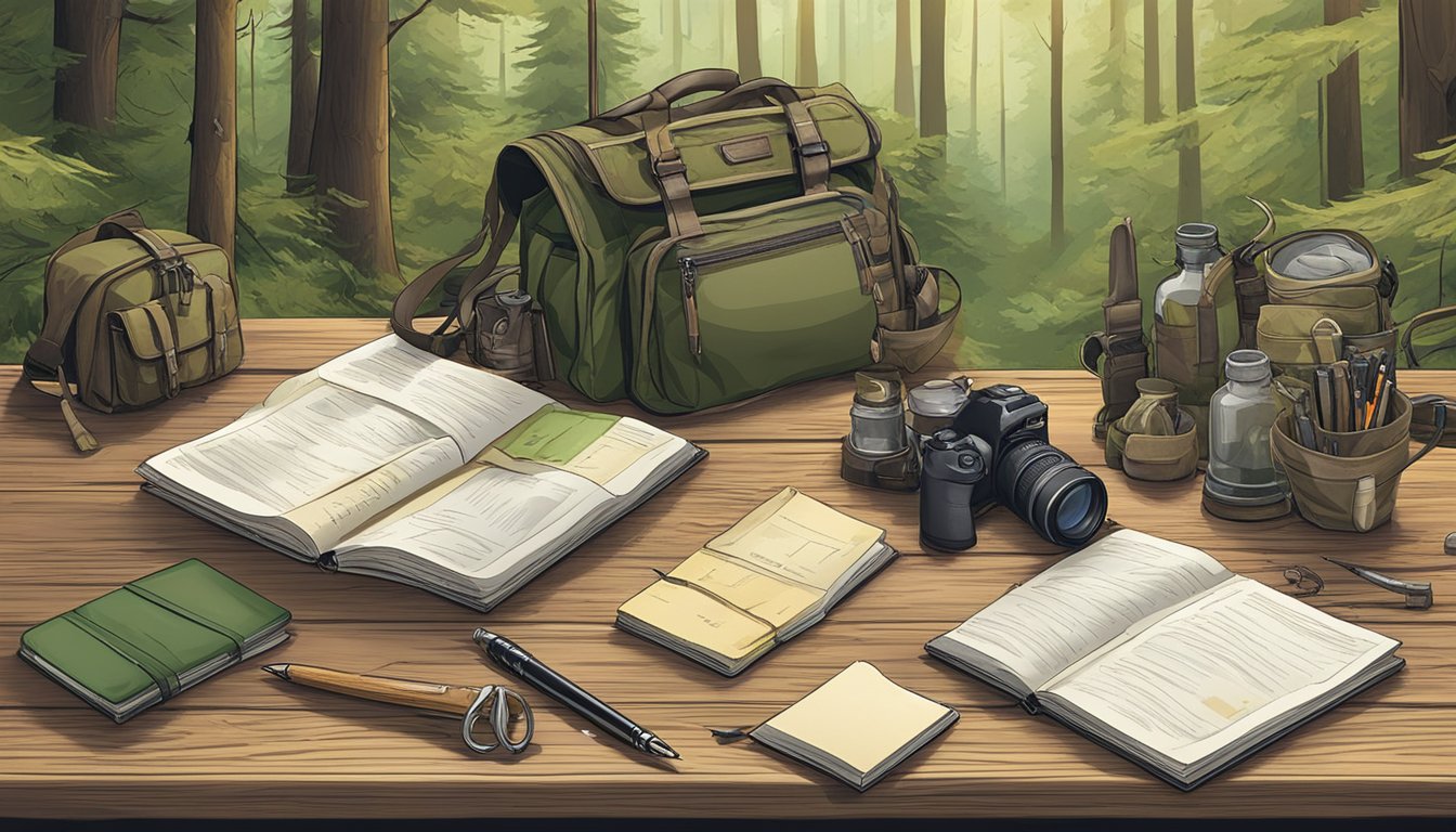 A forest clearing with a hunter's education manual, a pen, and various hunting gear laid out on a wooden table