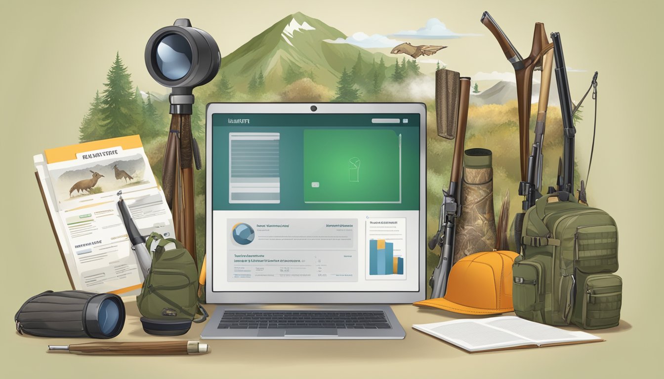 A computer screen displaying an online hunter education test, surrounded by hunting gear and educational materials