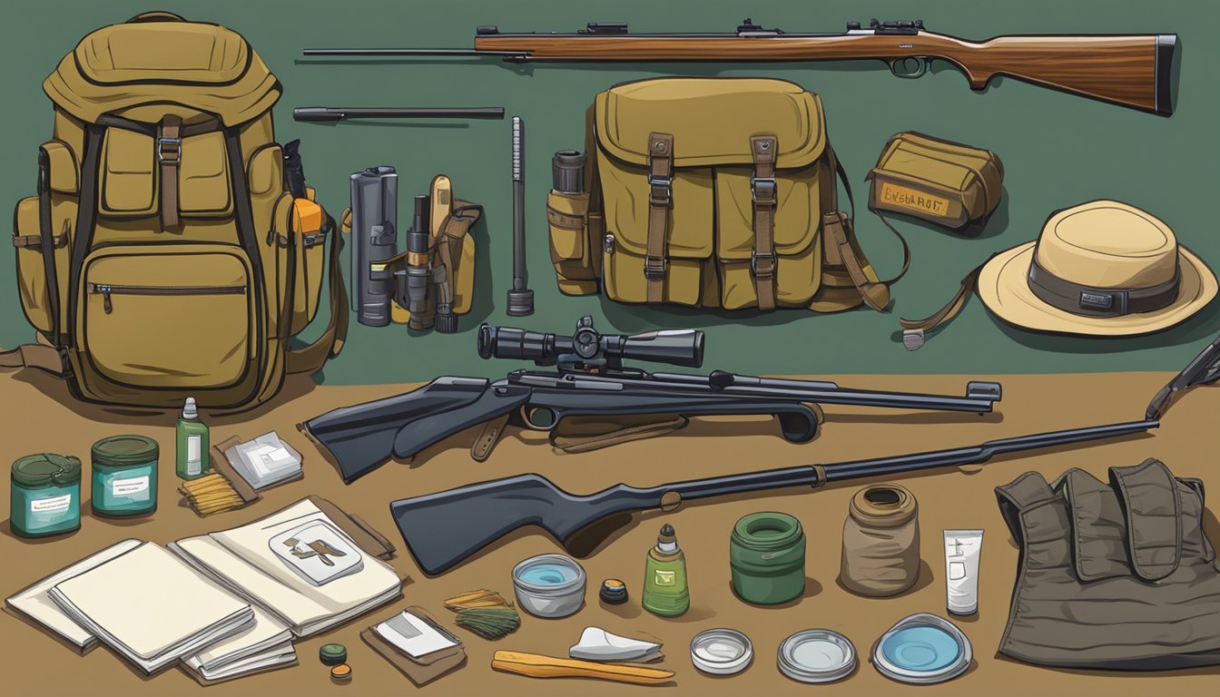 A hunter's gear laid out neatly with cleaning supplies and instruction manuals nearby