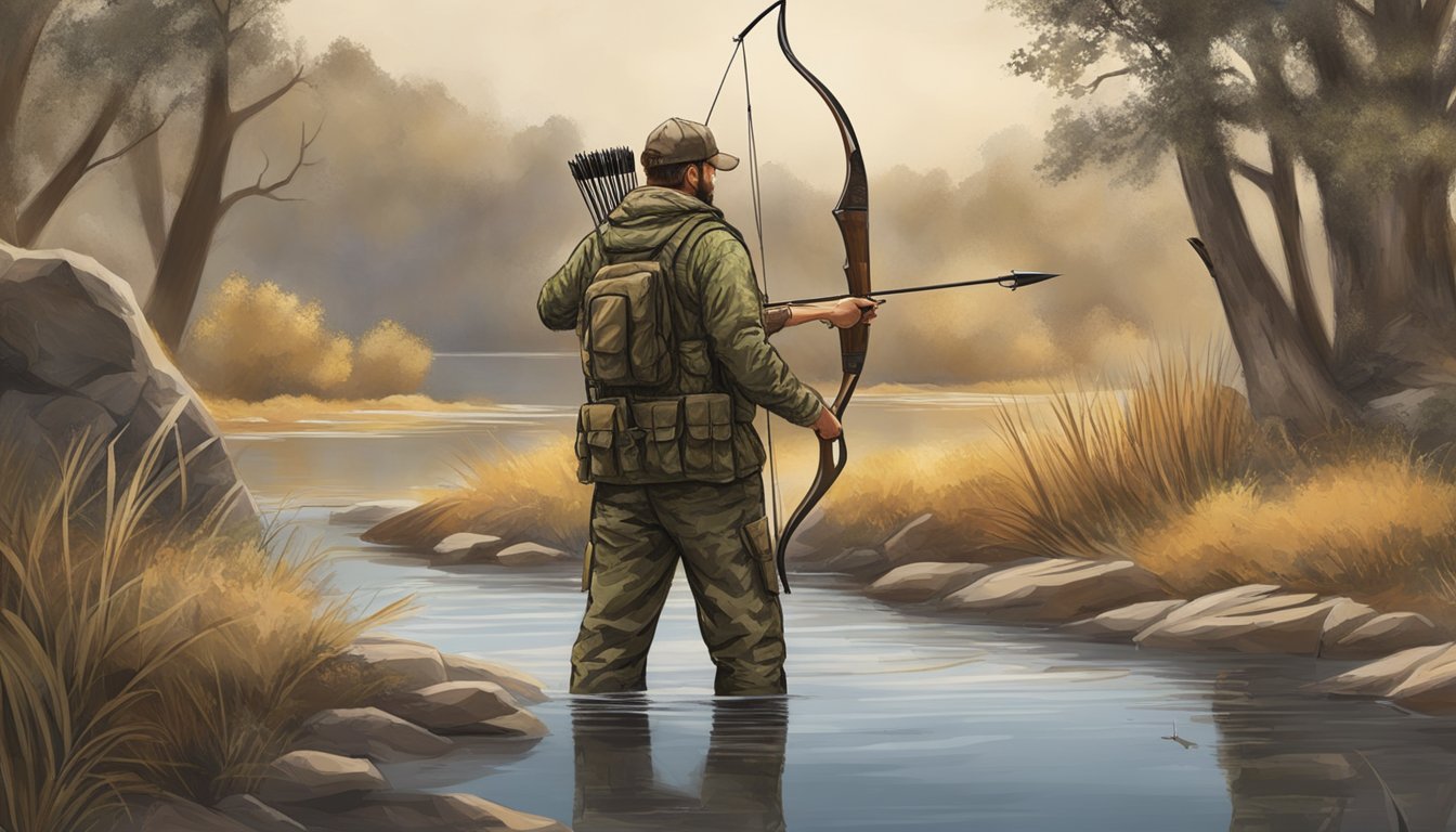 A hunter setting up a camouflage blind near a watering hole, with a bow and arrow in hand, waiting for the perfect shot