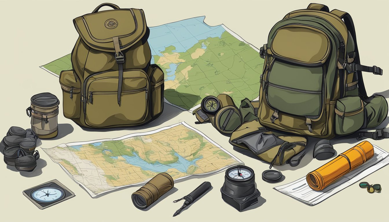 A hunter's backpack with survival gear, compass, and map laid out on a table