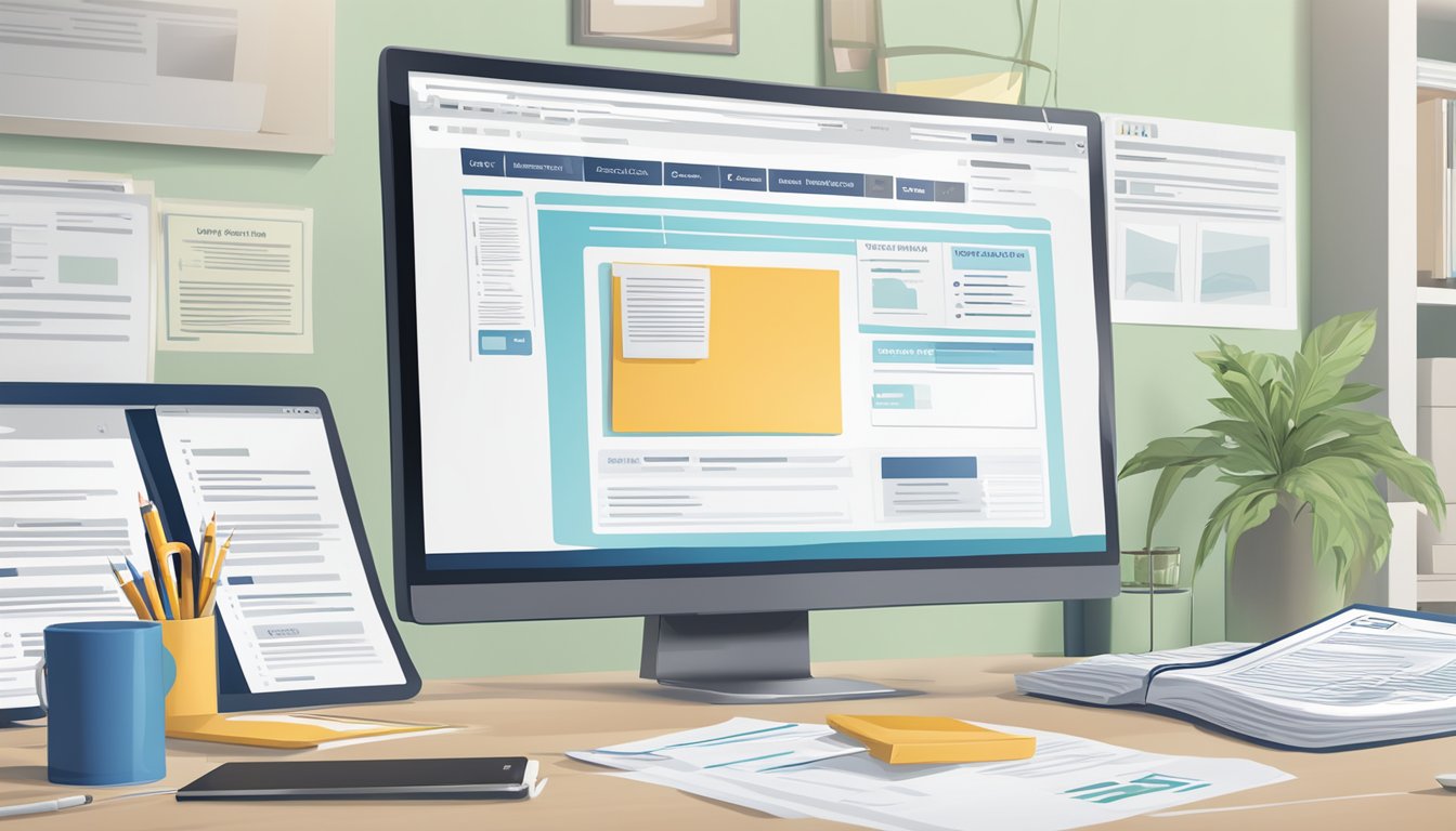 A computer with a hunter education test website displayed, surrounded by insurance and liability documents