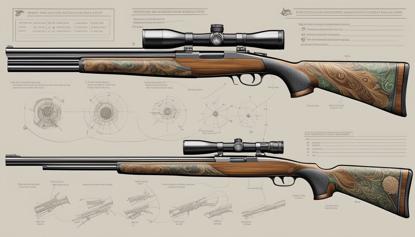 A hunter's hand holding a shotgun, with various shot patterns and choke selections displayed in a worksheet