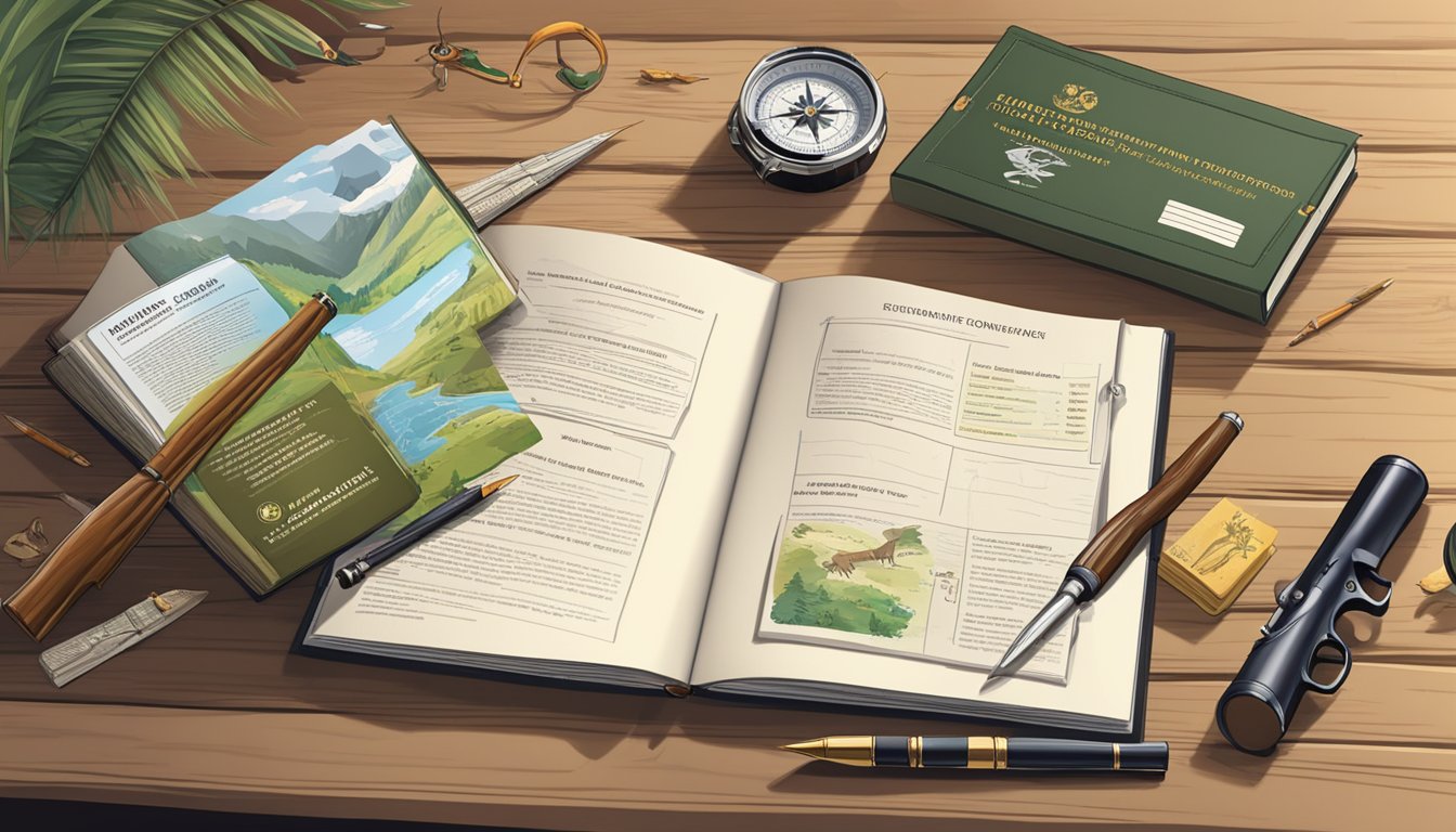 A hunter education test booklet open on a table, surrounded by a compass, hunting rifle, and wildlife conservation literature