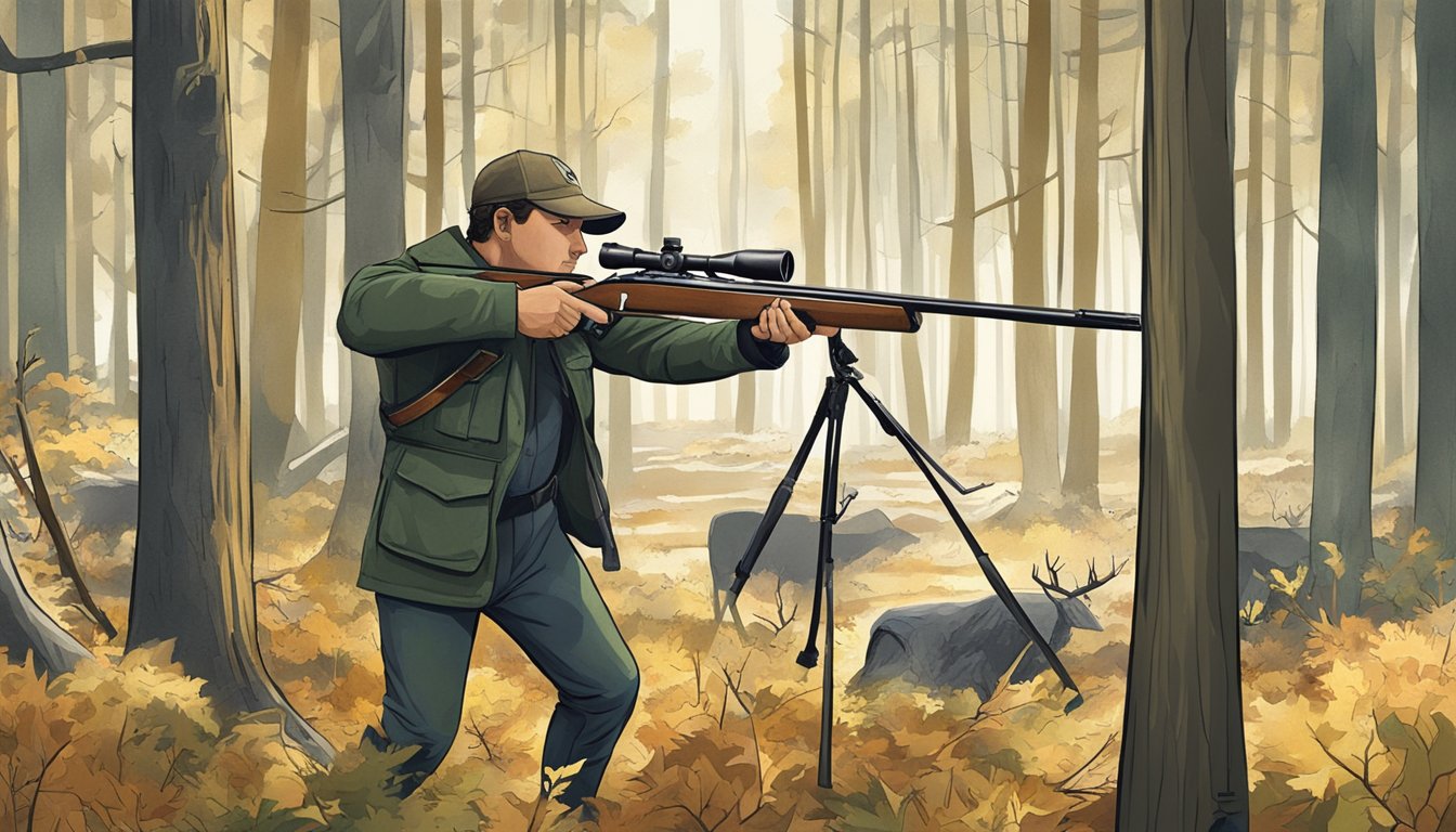 A hunter aiming a shotgun at a target in a wooded area